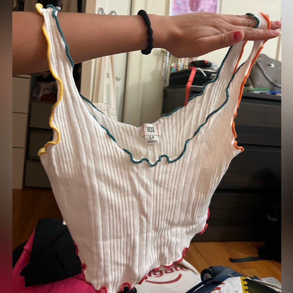 BDG White Ribbed Tank with Multicolor Lettuce-Edge Trim